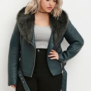 Green Leather Fur Jacket (size : 1X)